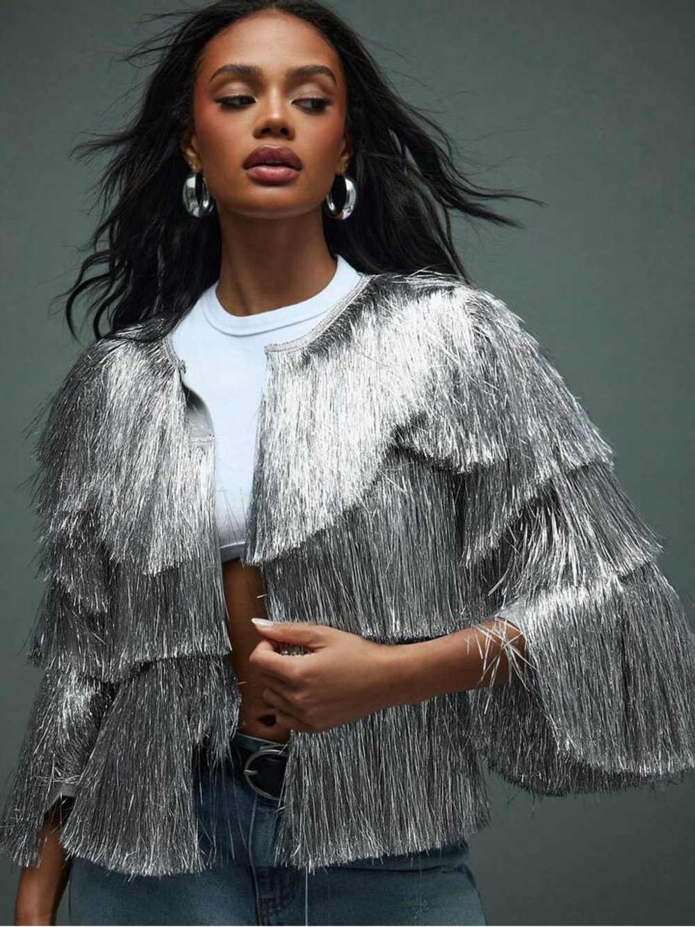Metallic Open Front Tiered Tinsel Fringe Cape